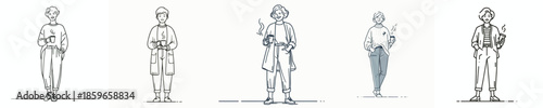 vector line art full body of a grandmother standing relaxed enjoying coffee