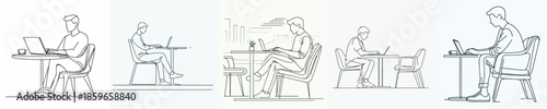 vector line art of a man working from cafe with laptop and enjoying coffee