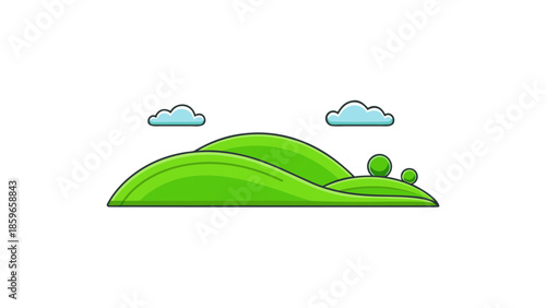 green rolling hills with clouds flat illustration for web and graphic design