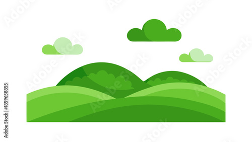 green rolling hills with simple clouds flat vecto for web and graphic design