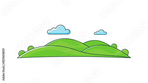 green rolling hills with simple clouds flat vecto for web and graphic design