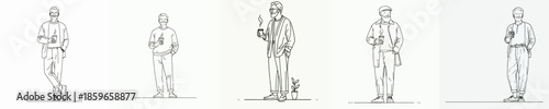 vector line art full body of a grandfather standing relaxed enjoying coffee