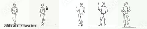 vector line artr full body of a man standing relaxed enjoying coffee