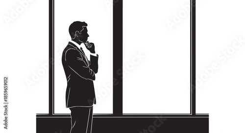 Thoughtful businessman in suit stands by a large window contemplating future strategies
