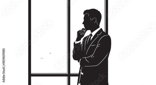 Businessman silhouette contemplating by a large office window with a thoughtful pose