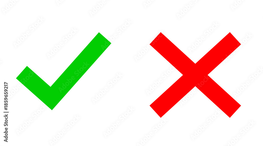 Obraz premium Green check mark and red cross icon set for correct, wrong, approval and decision concept