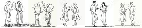 vector line art of a man and a woman stand enjoying coffee