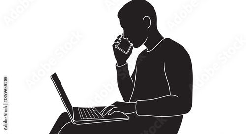 Man multitasking with a laptop and phone call, representing remote work and communication