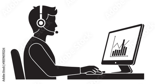 A person with a headset analyzing data on a computer screen, representing customer support or data analytics