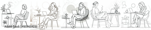 vector line art of a woman working from cafe with laptop and enjoying coffee