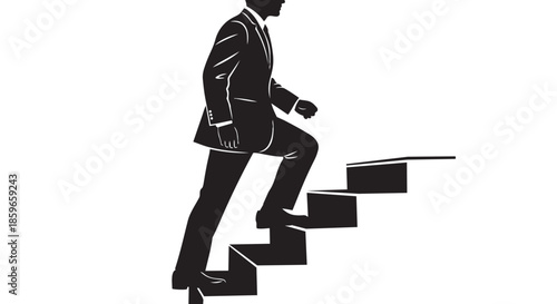 Businessman in suit ascending stairs, symbolizing career growth and professional progress
