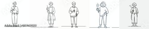 vector line art full body of a grandmother standing relaxed enjoying coffee