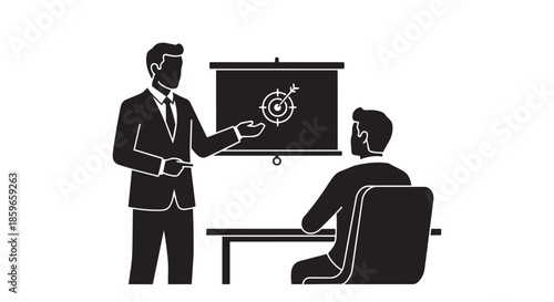 A professional presenting business goals and strategy to a colleague during a meeting
