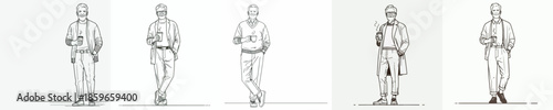 vector line art full body of a grandfather standing relaxed enjoying coffee