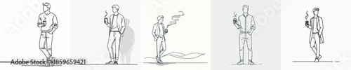 vector line artr full body of a man standing relaxed enjoying coffee