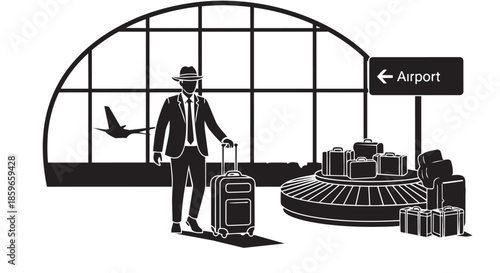 A stylish businessman waits at the airport baggage claim with his suitcase as a plane flies outside