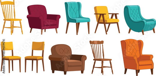 Furniture chair collection vector illustration set featuring armchairs dining chairs and wooden seating styles isolated on white background for interior design projects