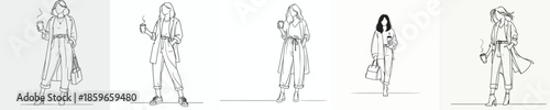 vector line art full body of a woman standing relaxed enjoying coffee