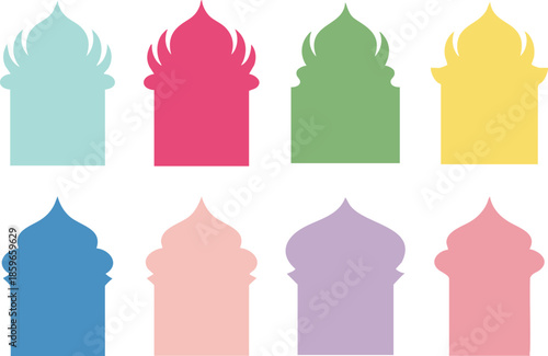 A colorful collection of stylized islamic architectural arches and domes displayed in a clean simple arrangement