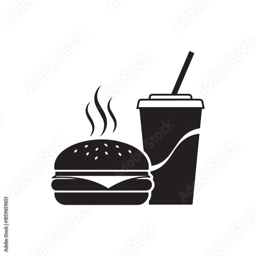 Black and White Icon of a Burger and Soda