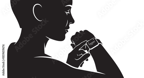 Silhouette of a woman engaging with her wearable technology on a white background