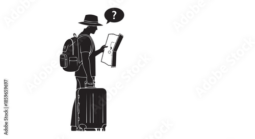 A confused traveler with luggage looks at a map, seeking direction on their journey