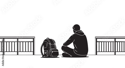 A lone traveler sits patiently with their backpack in a minimalist setting