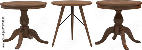 Wooden round table vector illustration set shown from multiple styles and angles isolated on white background for interior furniture and home decor design