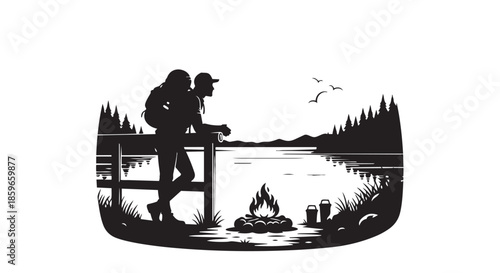 Two hikers enjoying a peaceful lakeside camping scene with a warm bonfire