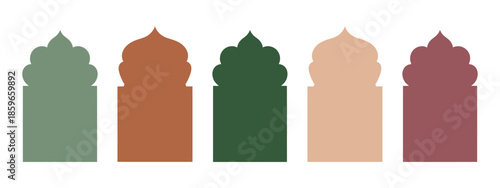 Islamic door and window silhouette, Arabic arch vector, oriental frame design, decorative Muslim patterns, mosque gate shape isolated, Ramadan celebration illustration.