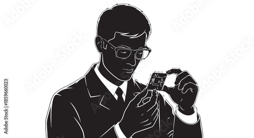 A focused engineer meticulously examining a complex microchip with keen interest
