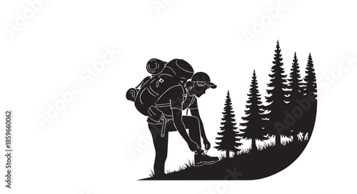 Hiker adjusting shoelaces on a mountain trail amidst a dense forest of towering pine trees
