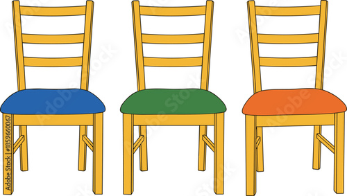 Wooden dining chairs vector illustration set with colorful cushioned seats isolated on white background for interior furniture and home decor design
