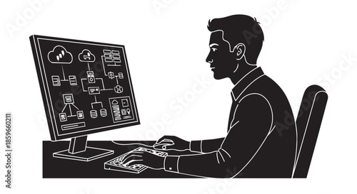 A developer or architect analyzing a complex cloud computing and database system architecture diagram
