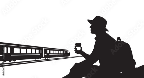 Man with backpack and hat enjoying coffee while waiting for a train journey