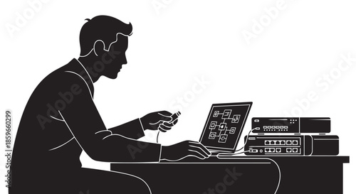 A man performing network configuration using a laptop and various it hardware devices