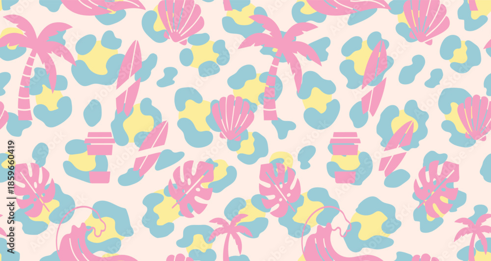 Fototapeta premium Summer with Leopard Print seamless pattern background. palm tree, surfboard, coffee Shell together color pattern design. women's print design. vintage retro beach graphic tee.