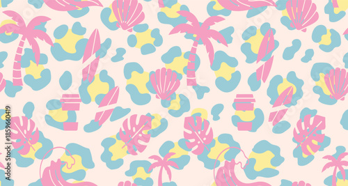 Summer with Leopard Print seamless pattern background.  palm tree, surfboard, coffee Shell together color pattern design. women's print design. vintage retro beach graphic tee.