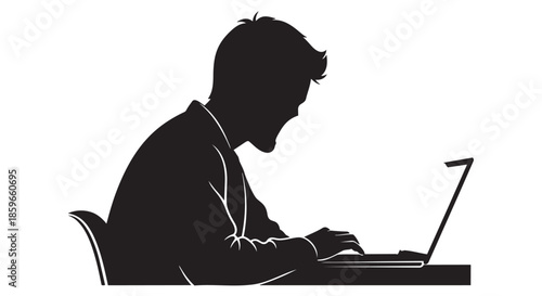 A focused man working diligently on his laptop, depicted as a sharp black silhouette.