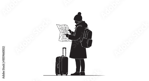 A traveler in a hat and coat consulting a paper map with luggage nearby
