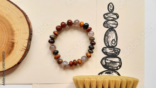 Artistic Still Life Composition Featuring a Beaded Bracelet, Wood Slice, and Brush Alongside a Stone Cairn Drawing on Cream Paper