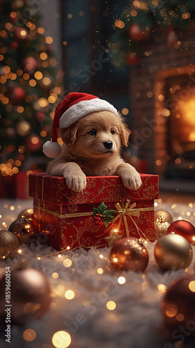 A beautiful small golden Labrador puppy wearing a Santa hat sits in a red gift box