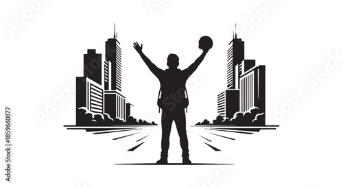 Victorious person with a raised helmet celebrating triumph against a city skyline backdrop