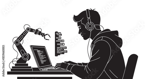 Young programmer immersed in coding, collaborating with a robotic arm on a complex project