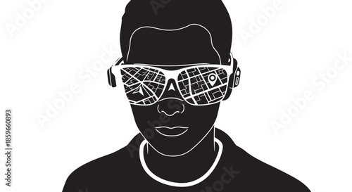 Augmented reality vision: a person with smart glasses displaying a navigation map