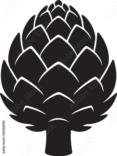 Black artichoke silhouette with layered scale-inspired shape, solid minimal form, white background.
