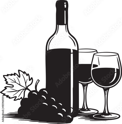 A bottle of red wine with two glasses and a bunch of grapes on a white background, perfect for beverage or celebration concepts