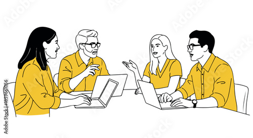 Young professionals collaborating on laptops in casual office setting with yellow accents and minimalist background japanese style coming of age day concept