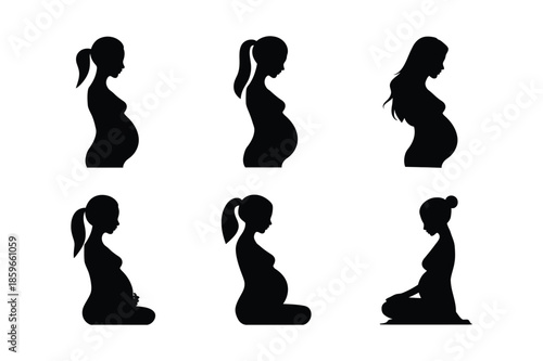 Pregnant woman silhouette icons in different poses