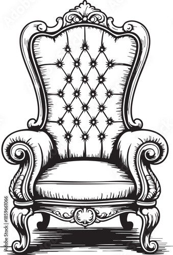 Detailed illustration of a luxurious tufted armchair with ornate carvings and upholstery on a white background, elegant furniture design